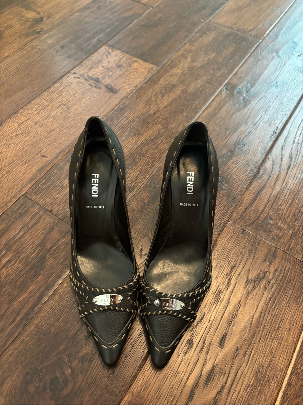 Fendi Black Leather Pointed Toe Heels with Contrast Stitching